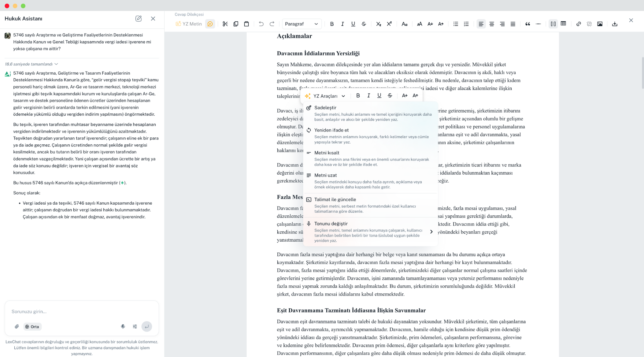 LexChat Yapay Zeka Hukuk Platformu Arayüzü